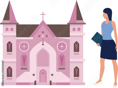 Woman is seeing synagogue building.