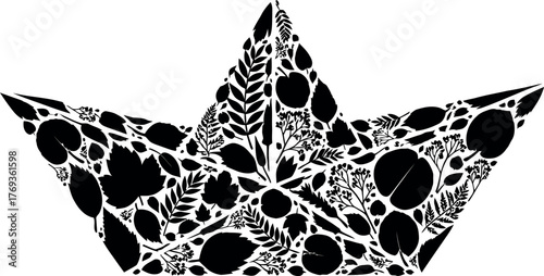 Paper Boat Silhouette Filled with Leaf and Plant Shapes Black and White Design