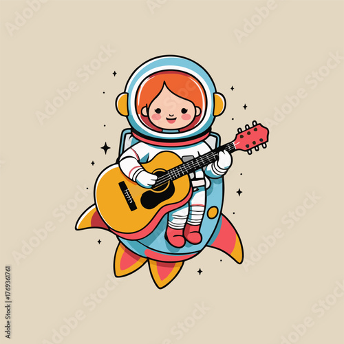 An adorable scene featuring a cheerful astronaut in a bright spacesuit, strumming a guitar while reclining on a rocket’s wing, surrounded by floating musical notes and happy space critters enjoying th