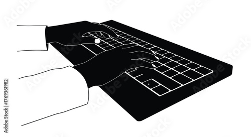 A hand using a computer keyboard illustrated in a stark black and white style