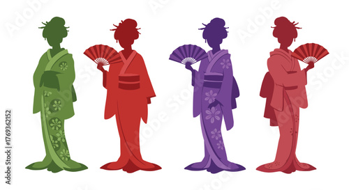 Four elegant women in traditional japanese kimonos with fans displayed