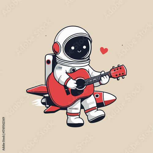 A whimsical illustration of a cute astronaut with a big smile, sitting on top of a colorful rocket, strumming a guitar while floating among twinkling stars and vibrant planets in the background.