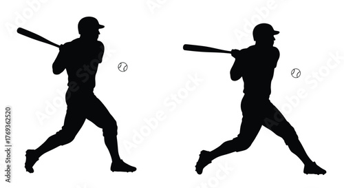 Silhouettes of baseball players in mid swing demonstrating athletic motion