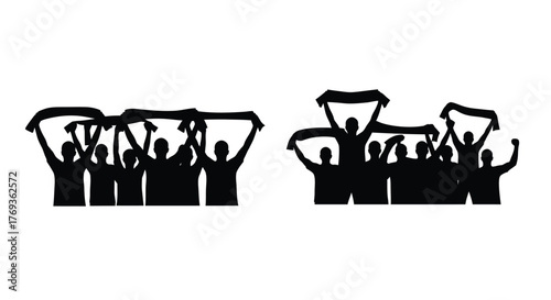 Crowd silhouettes with raised arms and flags a cheering public illustration