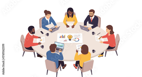 Diverse team brainstorming innovative ideas in bright meeting room, collaborating towards success with data driven strategy and creative solutions