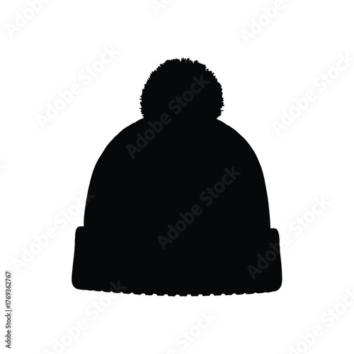 Black pom pom beanie silhouette on white background