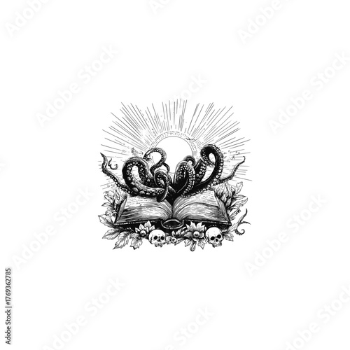 Highly detailed vintage vector illustration of an octopus with tentacles emerging from an open, antique book, surrounded by skulls and foliage