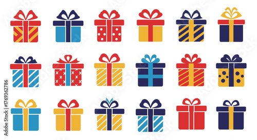 Colorful assortment of patterned gift boxes arranged in a grid layout