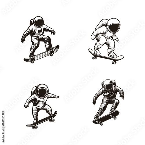 A collection of four monochrome vector illustrations (or a single design showing four variations) featuring astronauts skateboarding, rendered in a detailed vintage sketch or engraving style