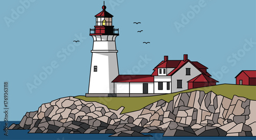 Coastal lighthouse illustration shining brightly, perched on rocky cliff, perfect for travel brochures or nautical themed designs, evokes peacefulness