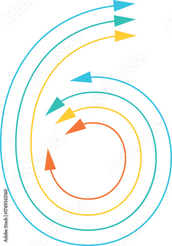 number six icon with arrows, thin colored arrows in the form of a touch button, direction arrows