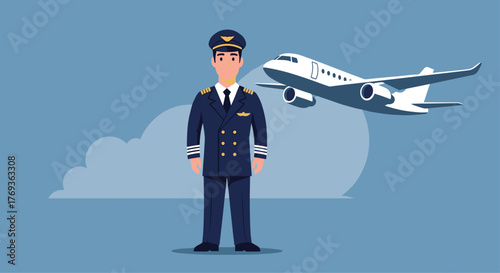 Confident pilot ready for takeoff with airplane in background, aviation career concept and travel safety for airline industry, modern design