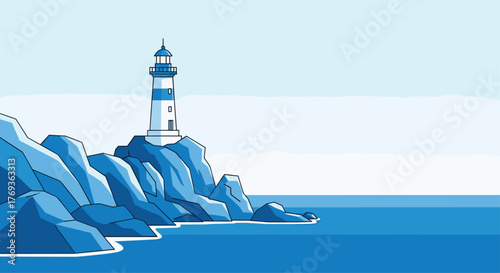 Striking lighthouse illustration standing tall on rocky coast, perfect for nautical themes and coastal travel branding and serene vacation promotions