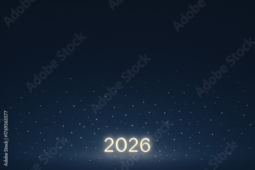 Glowing 2026 numbers with stars on dark blue background copy space, symbolic of future, new year and upcoming possibilities.