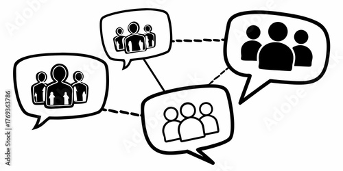 Network of speech bubbles containing group icons connected by lines and dashed lines in black and white