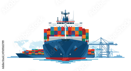 Massive cargo ship loaded with colorful containers sailing globally, showcasing international trade and logistics in a modern port setting