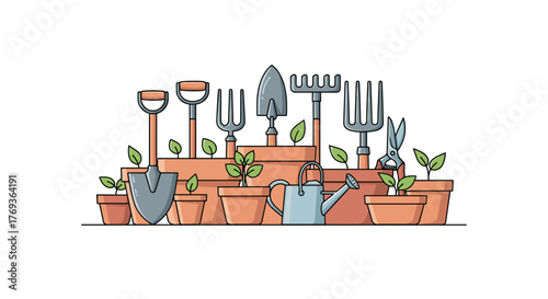 Essential gardening tools and sprouting plants, ready for growth and vibrant outdoor projects