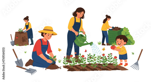 Joyful family gardening together planting nurturing and harvesting fresh produce in a vibrant outdoor scene