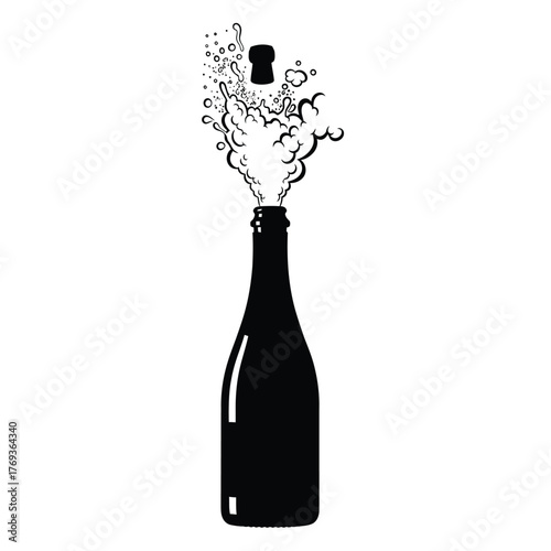 Champagne bottle popping cork and bubbles illustration