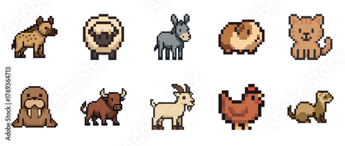 Collection of pixel art farm and wild animals in vibrant colors