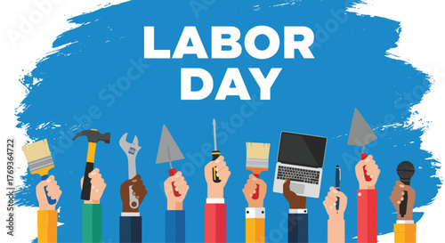 Celebrating Labor Day with diverse hands holding tools and technology, honoring workers' contributions and achievements