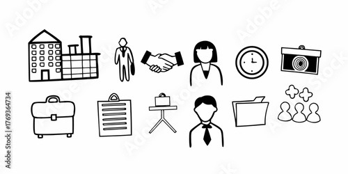 Illustration of business related icons including handshake, building, and office supplies present here