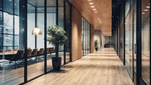 Modern office hallway with glass walls and wooden floors, captured from a low-angle. Ideal for a corporate video backdrop, exuding elegance and professionalism. Live desktop wallpaper.