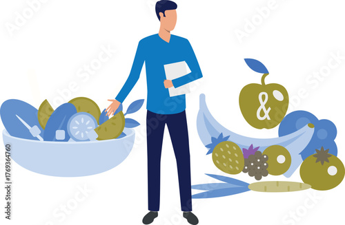 A boy is checking the fruit and placing it in a bowl.