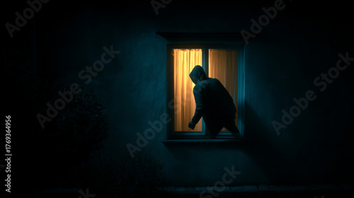 Burglar sneaks into dark house through open window during night