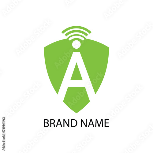 Green shield logo with wi fi signal and letter a