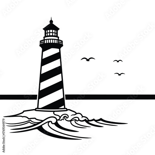 Classic lighthouse on rocky shore with seagulls and ocean waves