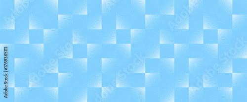 Vector abstract wide panoramic background with geometric square checkerboard layout in light blue halftone tones and subtle grainy texture. Abstraction ideal for tech, UI, editorial visual assets
