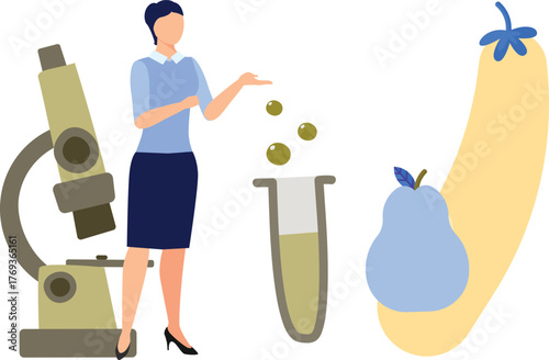 A girl is discuss about chemical flask.