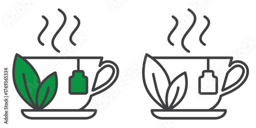 Set of tea cup linear and solid icons isolated on transparent background. Hot drink symbols for café, menu design, tea time, and beverage branding. Editable stroke.