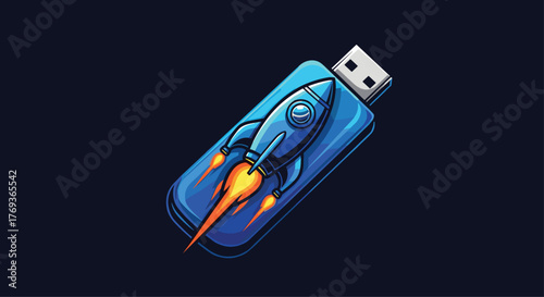 Dynamic blue USB drive blasting off with rocket power, symbolizing rapid data transfer and futuristic technology solutions for innovation