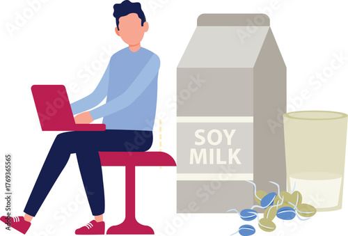 A man is working on laptop about soy milk protein