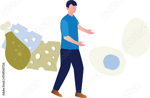 The boy is buying egg, cheez & Meat.