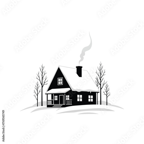 Cozy winter cabin with smoke rising from chimney