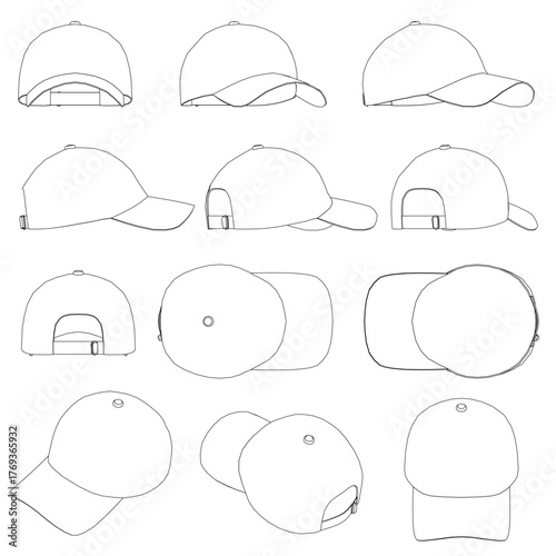 Baseball cap pack contour drawing guide with step-by-step instructions. Each cap features a unique sketch design and shape on a white background for easy learning.
