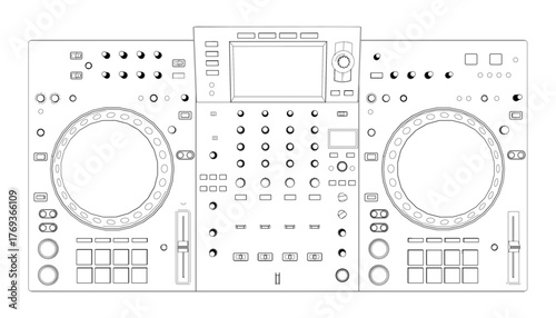 DJ controller in black and white line art, featuring a sleek modern design with multiple knobs, buttons, and a large LCD display for professional music mixing.