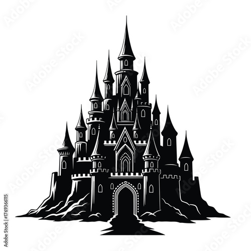 Dark and spooky gothic castle silhouette illustration