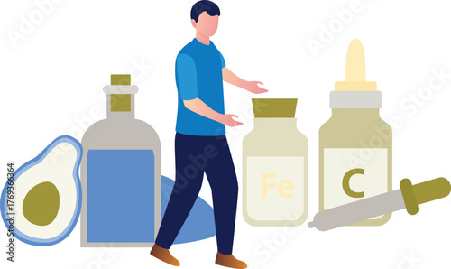 The boy is pointing supplements.