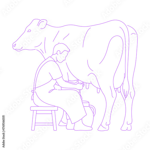 Line art illustration of person milking a cow