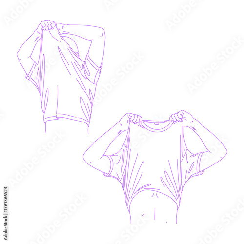 Line art illustration of person putting on or taking off shirt