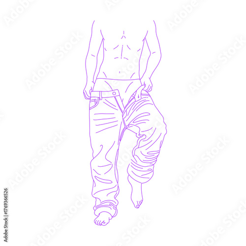 Line art illustration of person putting on or taking off pants
