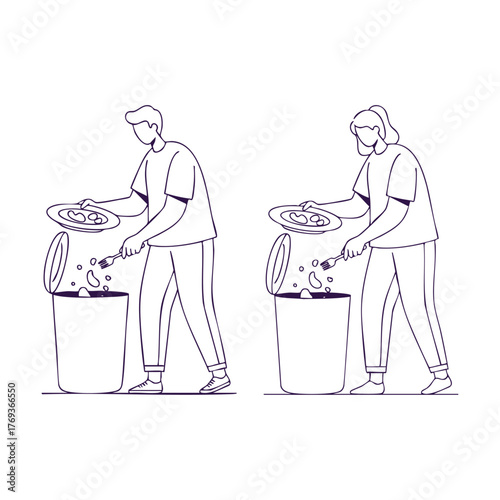 Line art illustration of person throwing food into trash