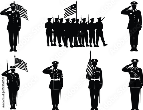 Silhouettes of American Soldiers Saluting with Flags – Honoring Military Service, Patriotism, Veterans Day, Army Tribute, National Pride Vector Illustration