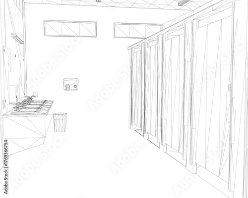 A black and white wireframe sketch of a bathroom interior featuring two sinks, taps, a dustbin, and various wall-mounted objects for a classic, timeless design aesthetic.