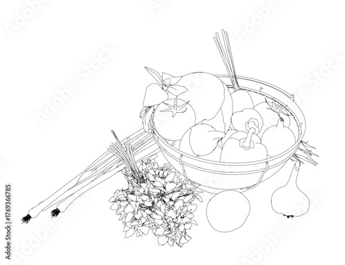 A contour sketch of a basket filled with fruits and vegetables like apples, oranges, carrots, and peppers. The hand-drawn illustration stands out against a clean white background.
