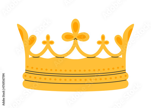 Crown icon. Golden royal jewels headdress. Symbol of king, queen, prince and princess. Aristocratic, coronation, monarchy concept. Hand drawn flat vector illustration on white background